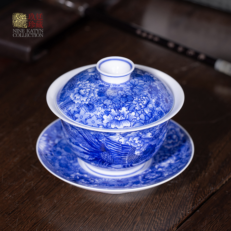 Three to nine at the tureen jingdezhen blue and white longfeng hand - made ceramic cups flower tea bowl of kung fu tea set by hand
