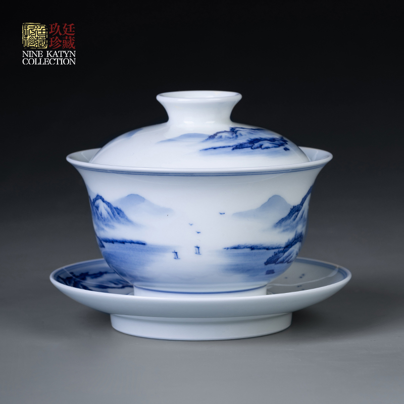 Nine at jingdezhen blue and white big tureen manual hand - made landscape ceramic kung fu tea set three single tea bowl to bowl