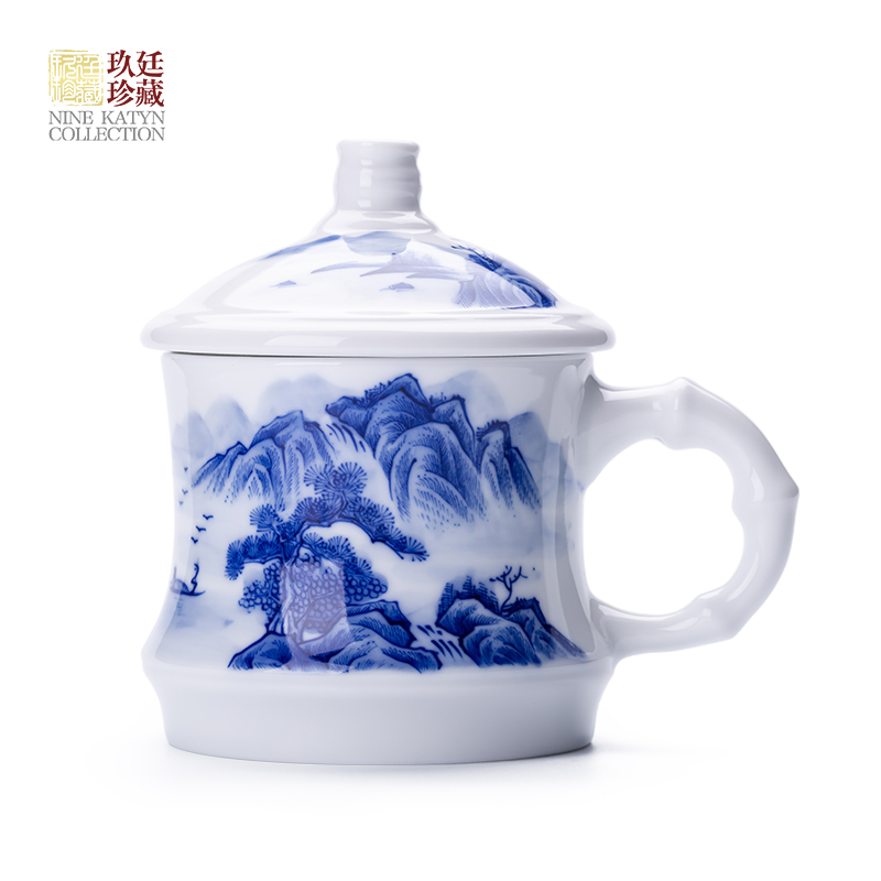 Nine at the jingdezhen ceramic tea cup with lid cup tea set domestic large glass boss of blue and white porcelain cup cup and meeting