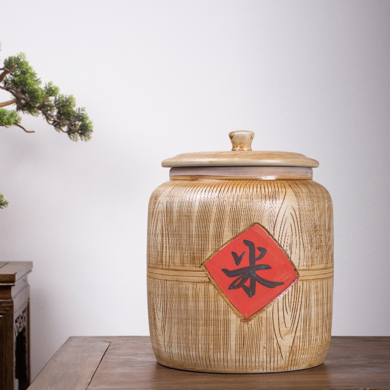 Jingdezhen ceramic barrel imitation solid wood with cover ricer box 10 jins 30 jins of 50 kg of flour barrels household seal storage tank