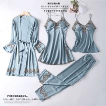 Pajamas Womens Spring and Autumn long sleeves Ice Silk Korean four-piece set sweet sling silk sexy home clothes summer thin