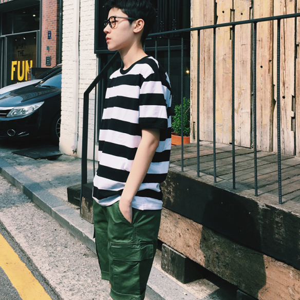 捆鸡kunji 2色!经典黑白条纹tee