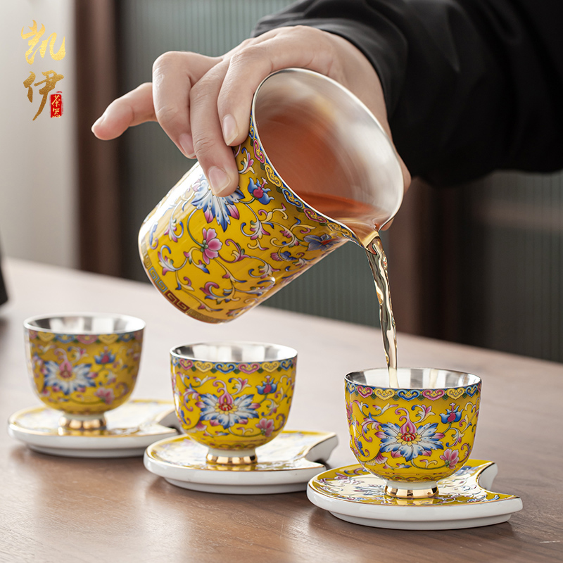 Colored enamel fate coppering. As silver cup kung fu tea set jingdezhen ceramic tea tureen household silver cup