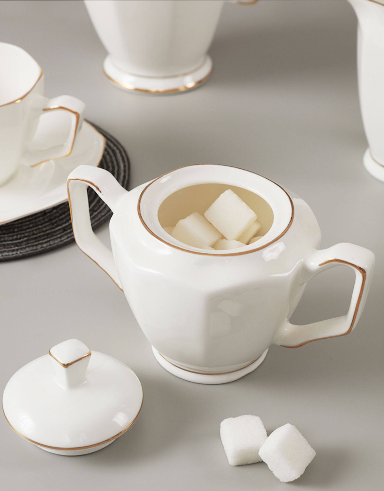 骨瓷八角金边糖缸单个装咖啡店糖罐欧式方糖白沙糖密封陶瓷