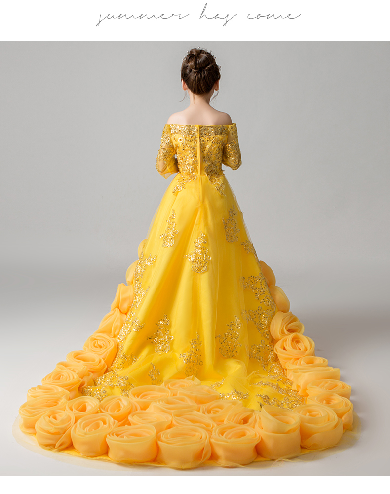 儿童礼服公主裙秋冬季女童晚礼服拖尾模特走秀小主持人钢琴演出服