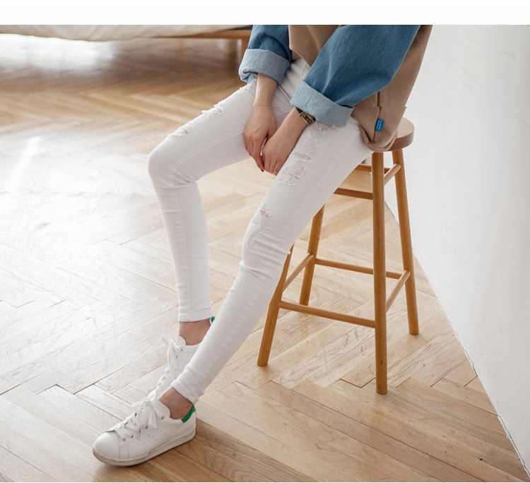 韩版新款2016早春牛仔裤女白色小脚裤铅笔裤长裤弹力中学生长裤子