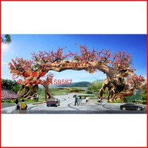 Custom outdoor garden GRC landscape imitation ecological art imitation wood gate cement fake tree custom imitation wood floor