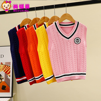 Girls  vest childrens knitted vest spring and Autumn college style girl sweater sweater middle and large childrens cotton waistcoat tide