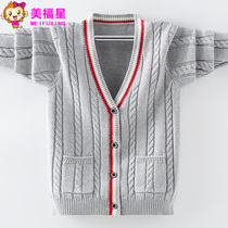 Boys spring sweater cardigan college style childrens knitted jacket pure cotton middle and large boy boys Korean V-neck Western style