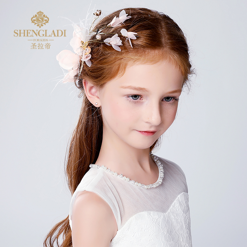 儿童头饰公主发夹女孩女童礼服头饰发卡粉色羽毛演出配饰花童头饰