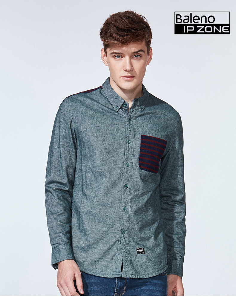 baleno/班尼路 纯棉修身长袖立领保暖衬衫男 加绒加厚拼接衬衣潮