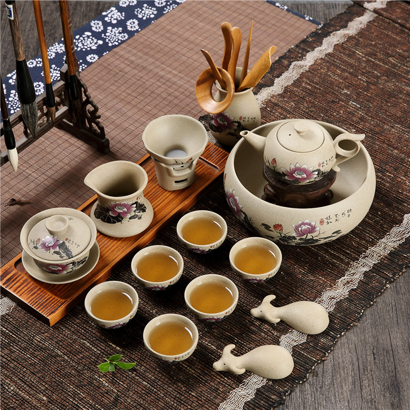 Ceramic purple sand coarse pottery tea kungfu tea set earthenware tureen restoring ancient ways suit Chinese style household Japanese tea cups