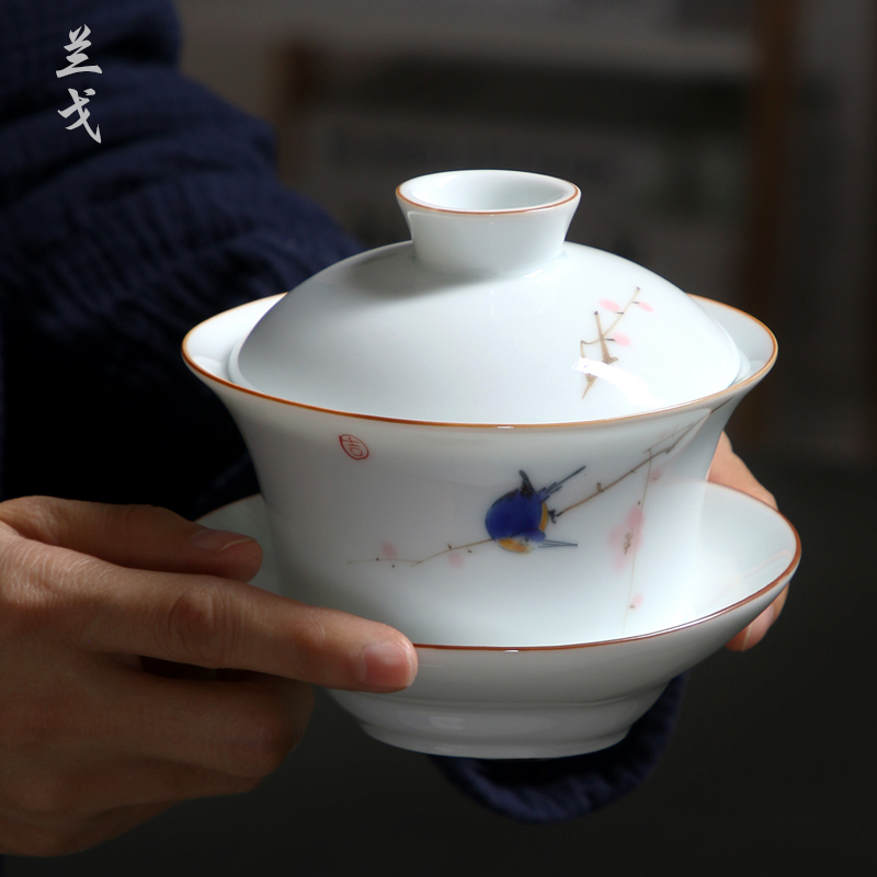 White porcelain three 300 ml cup tureen large kung fu tea set suit household ceramic accessories hand - made to bowl