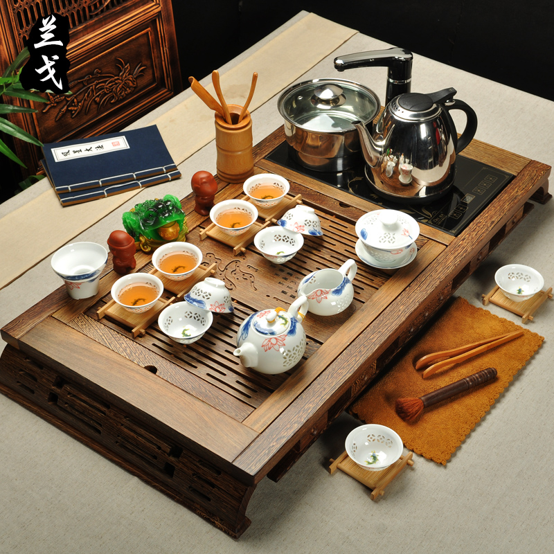 Having high - end wenge wood tea tray induction cooker four one a complete set of your up to calving kung fu tea set