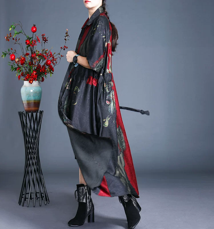 Nghệ thuật ban đầu của Phụ nữ mùa xuân và mùa thu và in cổ điển Áo khoác cardigan dài cỡ lớn với đai eo áo gió dài qua đầu gối tính khí - Trench Coat