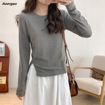 High Jagasexual light slim slim sliding cashmere open fork round neck T-shirt female long sleeve undershirt elastic display slim blouse