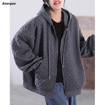 Casual Young Ultra with a cavity tone Han version loose Artistic Drawing Rope with a hat zipped cardiovert short coat woman