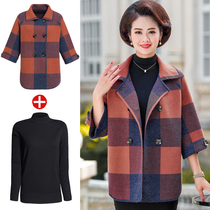 Gfei steps up overweight womens mothers autumn clothing plaid jacket foreign air broads wife cashmere large coat short