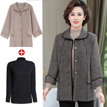 Middle-aged and elderly spring and autumn checkered woolen jacket plus fattening up yard cashmere big coat women fat moms clothes knit cardio-hoodie