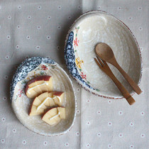 Green Maple Leaf hand-painted Japanese snowflake ceramic tableware underglaze color snack cake dish small fried plate conch dish