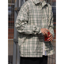 Nobodyknows Japanese Simple Plaid Loose Joker Leisure Mountain Illustration Men and Women Long Sleeve Shirts