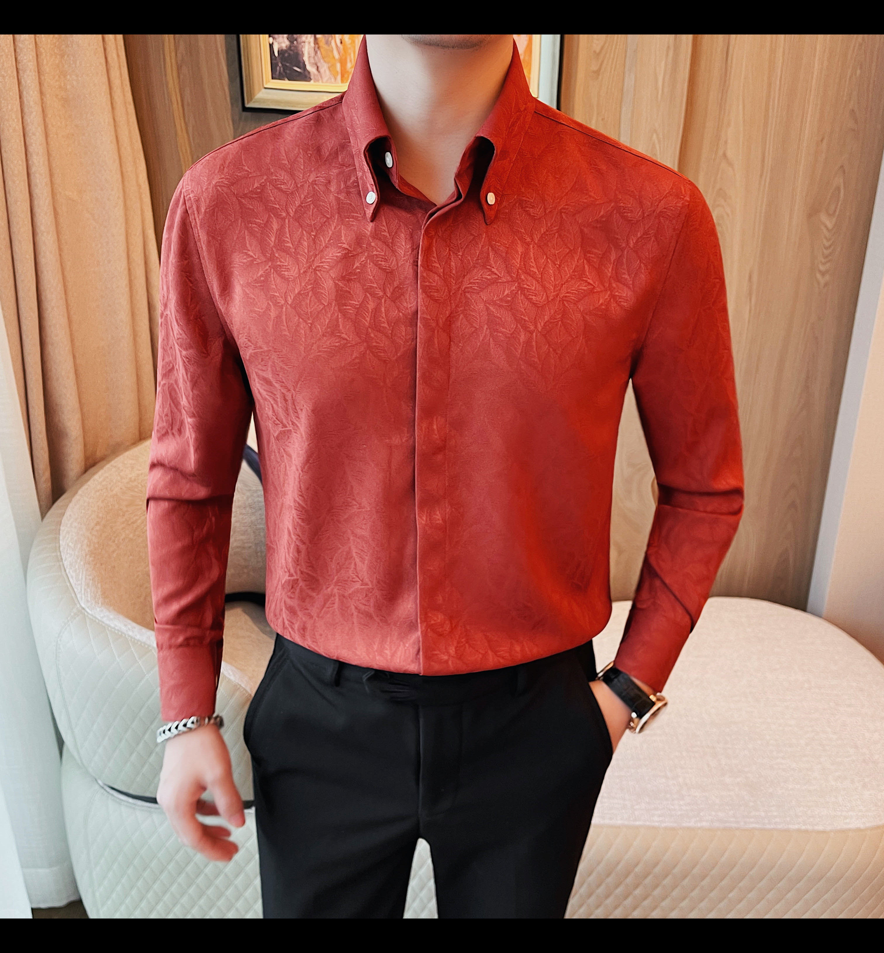 轻奢高档长袖衬衫男士纯色暗纹提花抗皱寸衫时尚休闲大领子衬衣