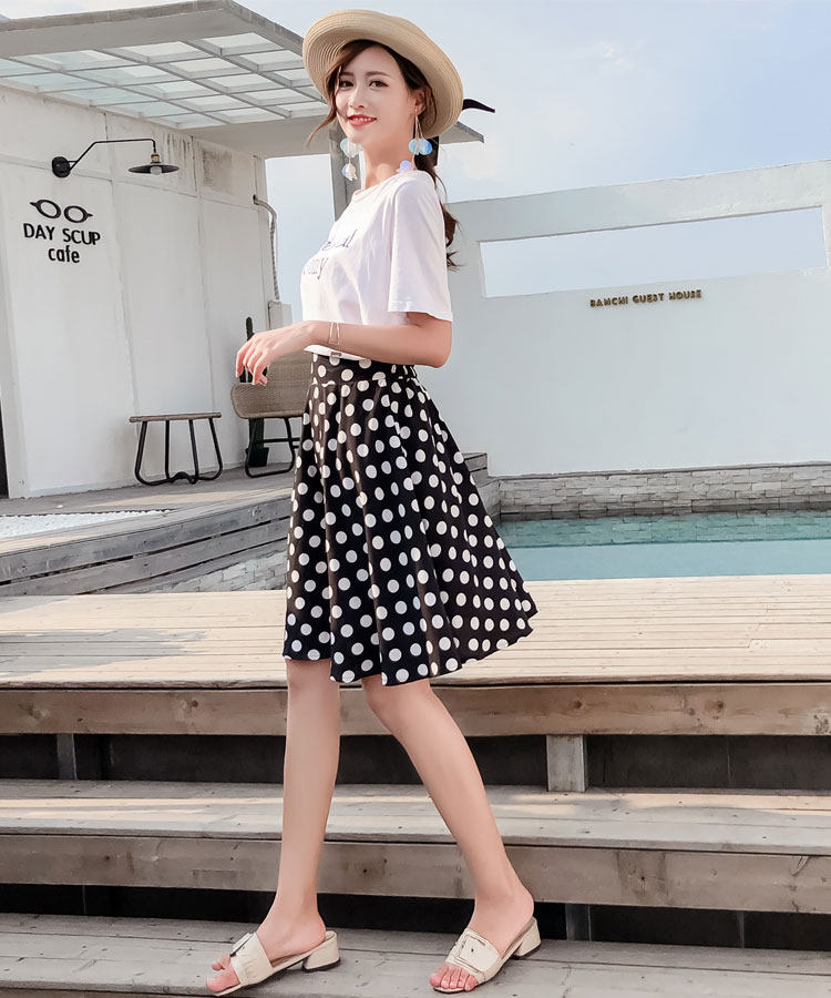黑白点半身裙波点斑点黑底白点法式高腰中长款a字点点裙子半身裙