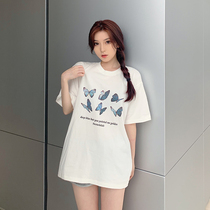 LKSTORE TWOWINLAB Summer National Tide Butterfly Letter Couple T-Shirt Men and Women Loose Joker Short Sleeve
