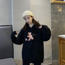 LKSTORE 2020 autumn and winter Japanese music bear plus velvet hoodie men and women couples Tide brand national tide sweater