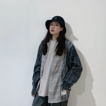 LKSTORE 2GUNS retro stitching check long sleeve shirt loose contrast color shirt coat for men and women