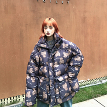 KTDA autumn and winter full printed bear print letter cotton coat men and women couples loose thick coat