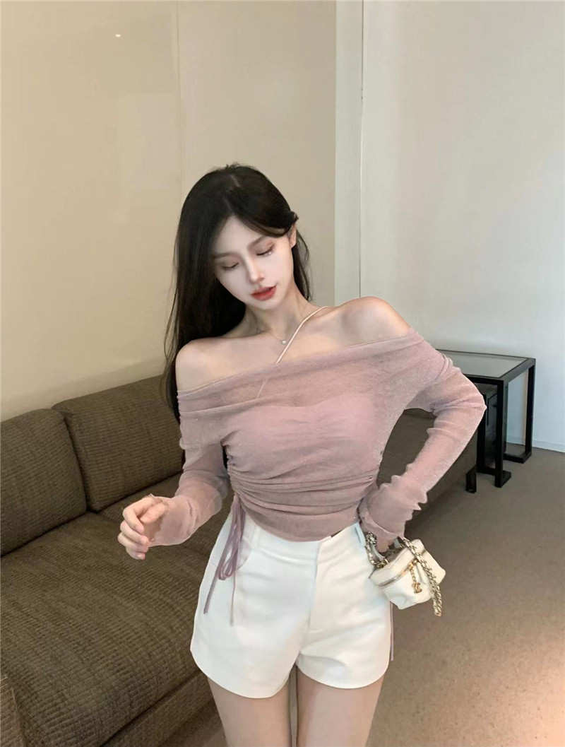 实拍颜值防晒 夏季甜美温柔一字肩百搭网纱抽绳纯欲上衣女 - 17网