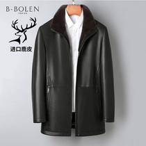 Imported deerskin leather leather mens fur one whole mink mink liner medium long pike fur coat outside