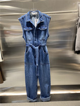 LAGA 100 Hitch Slim Strap Blue Denim Conjoined Pants Woman Fashion Flipped high waist Lions straight jacket pants