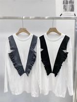 TD small crowddesign fake two spliced collider color T-shirt female Korean version long sleeve loose lotus leaf edge retro blouse