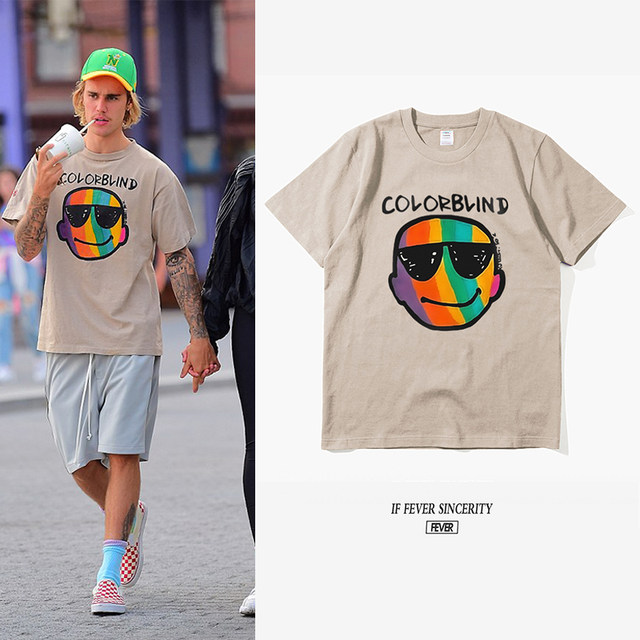 Justin Bibo with the same paragraph T-shirt summer rainbow smile short sleeve JUSTIN Bieber loose European and American tide plate Justin Bibo with the same paragraph T-shirt summer rainbow smile short sleeve JUSTIN Bieber loose European and American tide plate