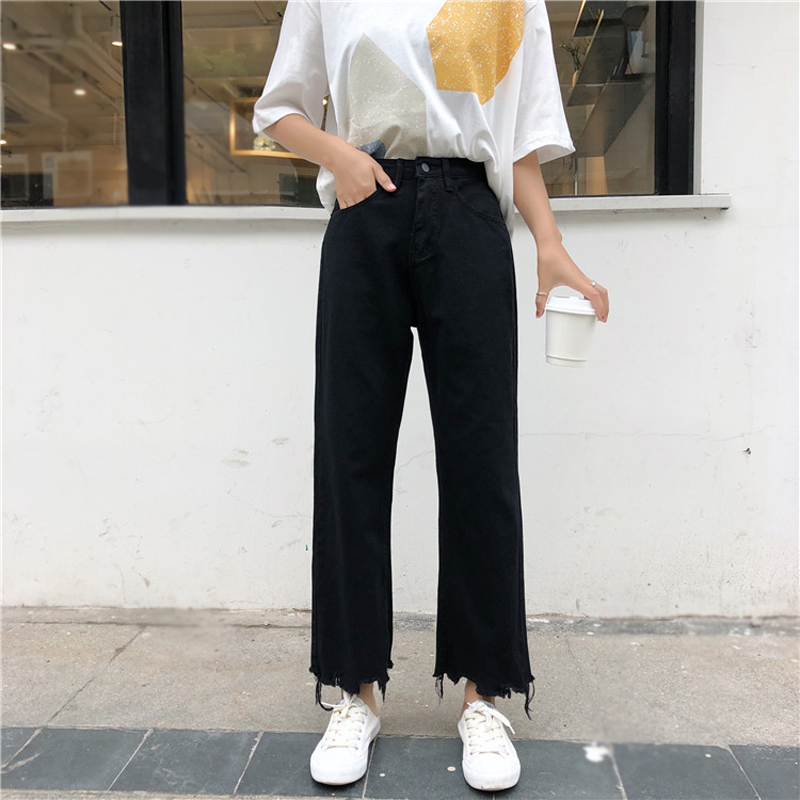 Fat sister autumn clothes new straight pants women's large size high waist loose jeans elastic thin nine-point pants 200 catties