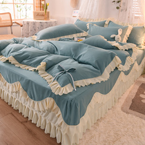 Net red thickened brushed bed skirt four-piece set Cotton cotton double lace quilt cover Super soft washed cotton bedspread cover