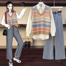 Sandro Mosquoni Ocean Gas Aging Knit Sweater Horse Chia Beating Bottom Shirt Broadlegged Jeans Three Sets