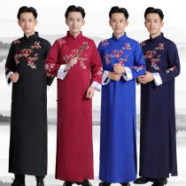 Mens loose large size long shirt cross talk costume stage dress embroidery Tang suit Chinese style mens coat autumn and winter