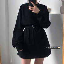 Fried street dress women's spring and autumn 2021 new Korean version of retro ins black temperament waist slim skirt children