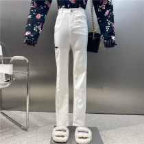 Personality hole high waist tight feet pencil pants female small Joker casual slim stretch denim pants