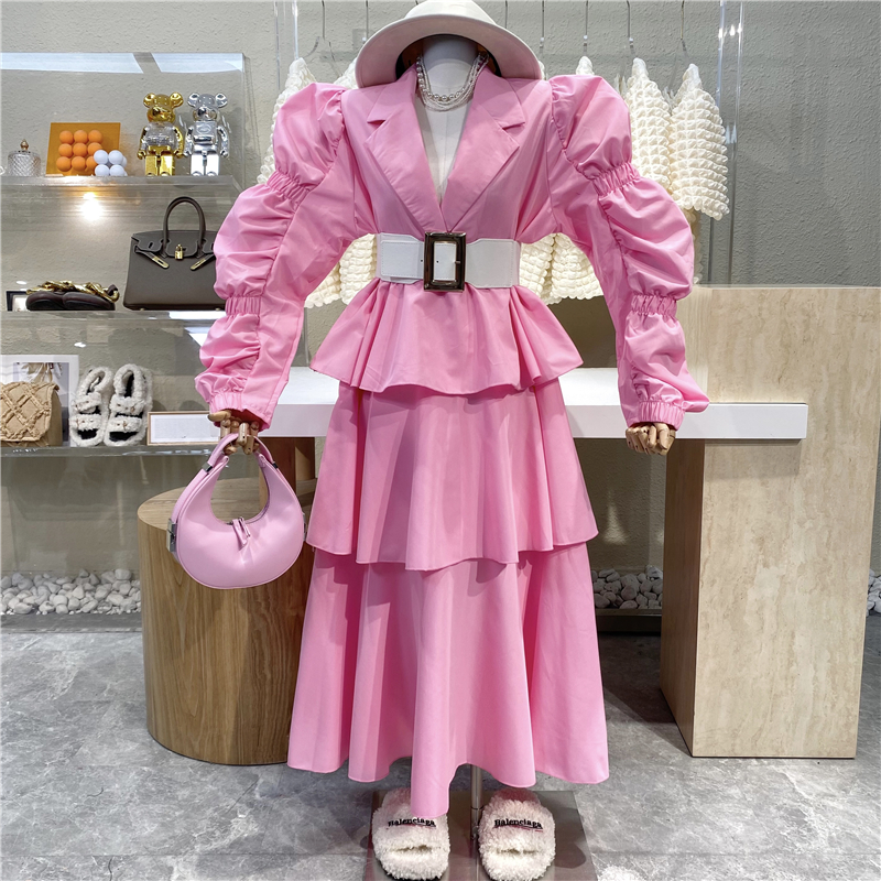 Matching belt foreign pie sweet and beautiful turning over layers of pleated bubble sleeves cake Long dress Temperament Slim cashiers Fairy Skirt