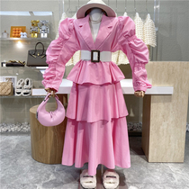 With waistband foreign-style sweet lapel layers of pleated bubble sleeve cake dress temperament slim waist fairy dress