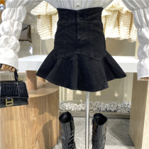 Foreign style age-reducing ruffled fishtail skirt women's fashion Joker high waist slim A- shaped anti-wear denim skirt