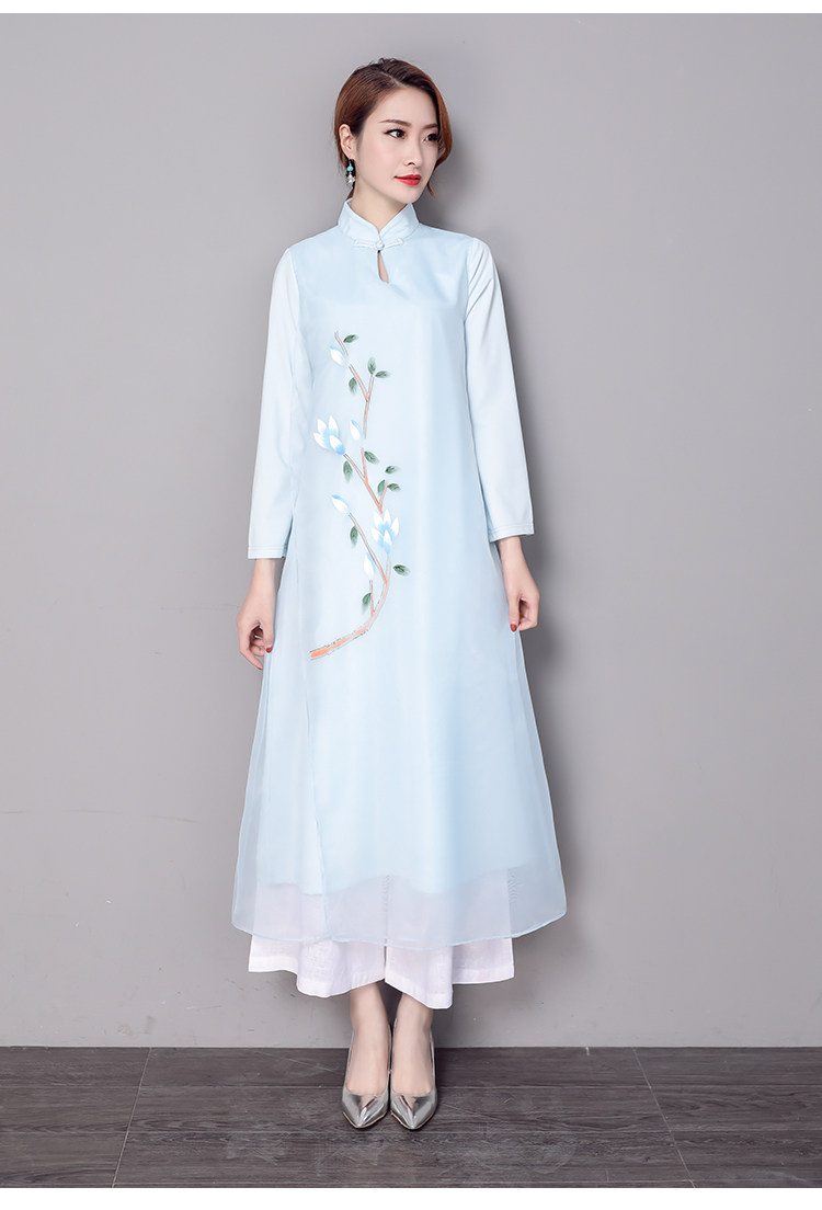 8058#2018春夏实拍复古民族风女装禅意盘口茶服连衣裙女改良汉服