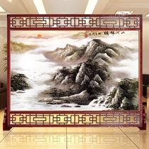 New Chinese home screen partition brake modern simple living room entrance double-sided hollow landscape painting solid wood seat screen