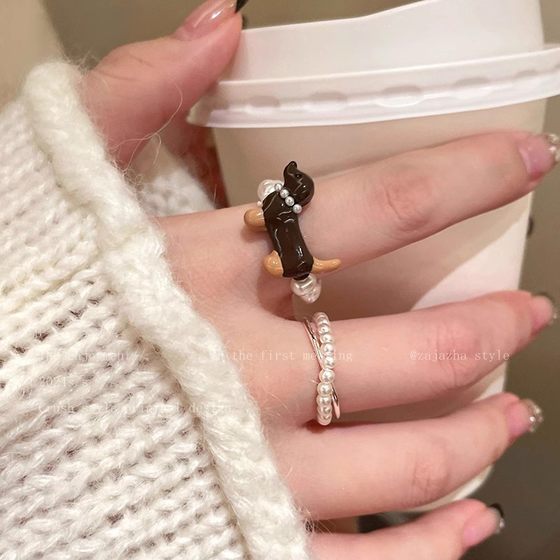 Dachshund Dog Pearl Ring Girls 2025 New Hot Internet Celebrity Index Finger Ring Niche Design Student Party Ring Dachshund Dog Pearl Ring Girls 2025 New Hot Internet Celebrity Index Finger Ring Niche Design Student Party Ring