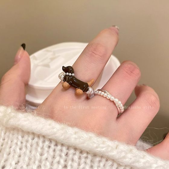 Dachshund Dog Pearl Ring Girls 2025 New Hot Internet Celebrity Index Finger Ring Niche Design Student Party Ring Dachshund Dog Pearl Ring Girls 2025 New Hot Internet Celebrity Index Finger Ring Niche Design Student Party Ring