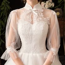 Light wedding dress 2021 New French retro stand collar shoulder long sleeve Super fairy bride thin Hepburn